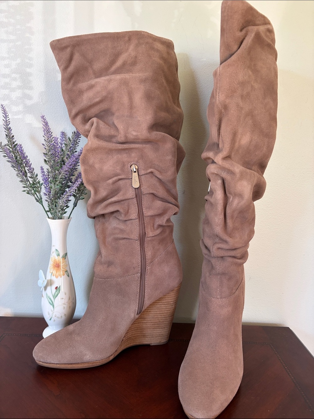 Charles David Helsinki Suede Slouch Wedge Knee-High Boots in Taupe 11M
